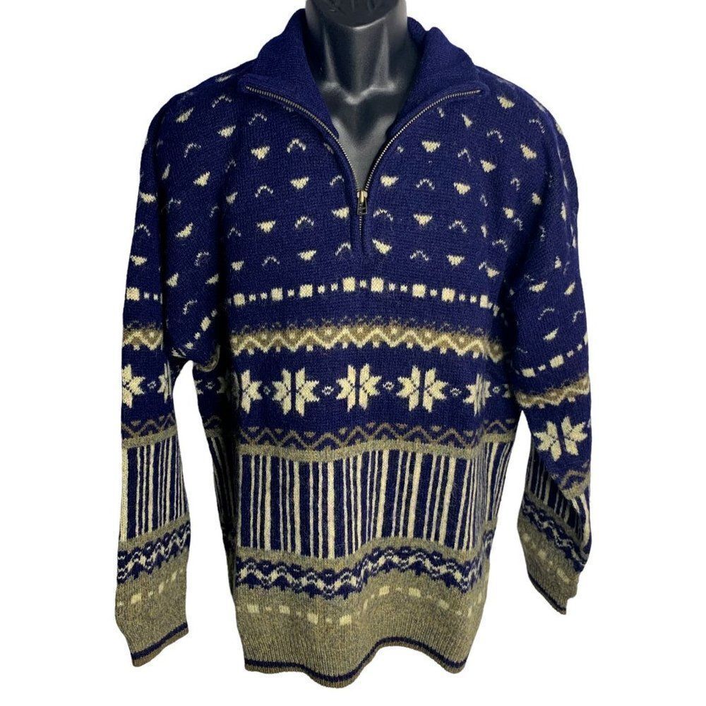 Vintage Columbia Wool Knit Sweater L Blue Fair Isle Collar Quarter Zip Pullover